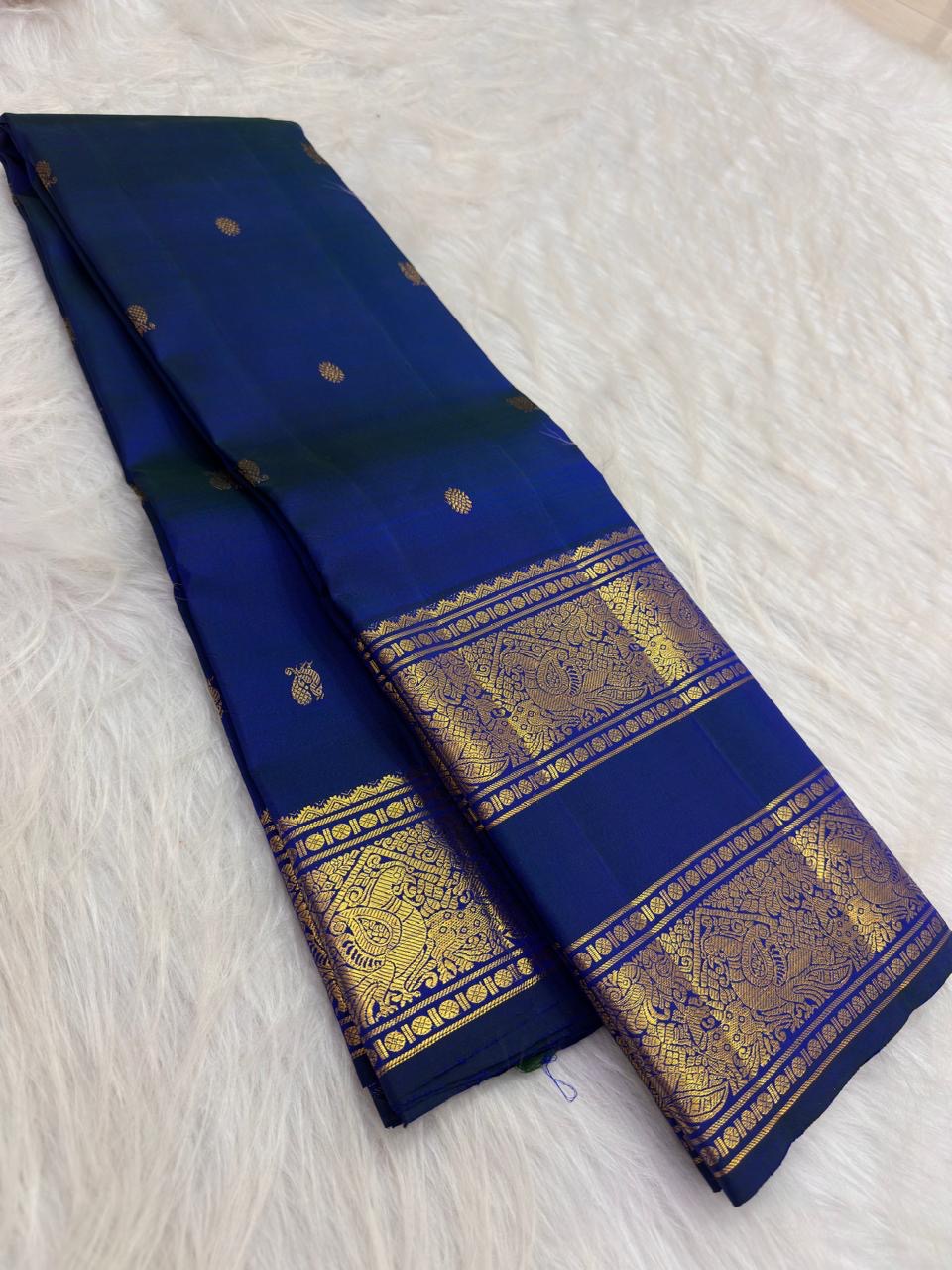 Royal Sapphire Blue handwoven pure silk Rettapet saree overview — Idam Living