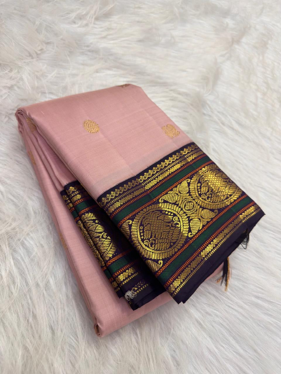 Blush Rose handwoven pure silk Korvai saree overview — Idam Living