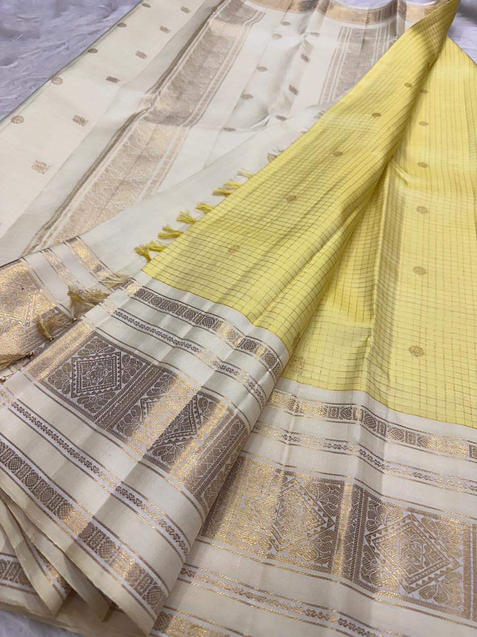 Butter Yellow Handwoven Pure Silk Kanchipuram Saree with Varisaipet Weave and Ivory Gold Zari Border