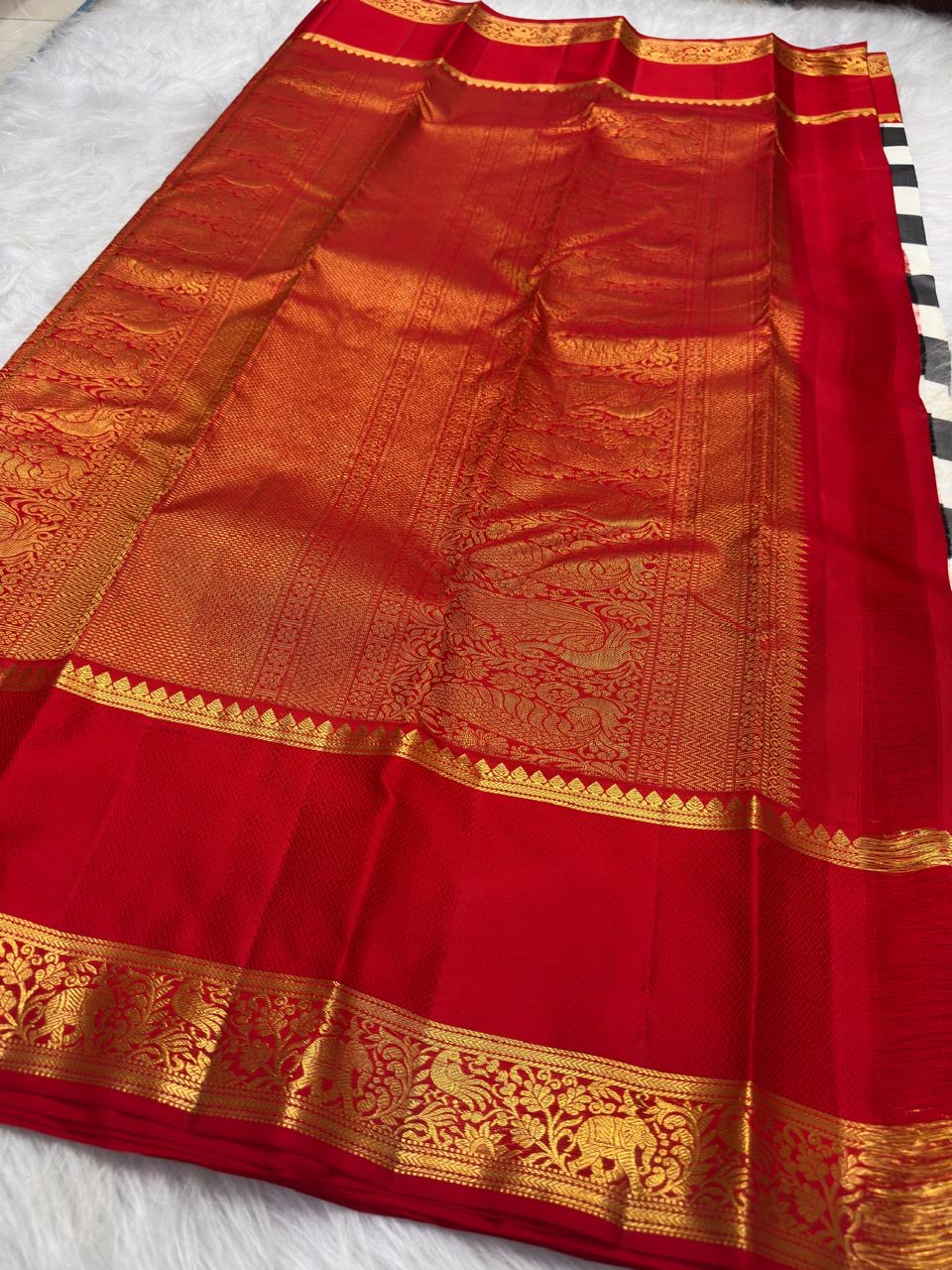 Green and Yellow pure silk Kanjipuram saree, Kanchi Kattam weave with Pillar-Box Red border — full drape view