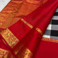 Black, Grey and Ivory pure silk KanchiPattu saree, Kanchi Kattam weave with Pillar-Box Red border — body weave close-up