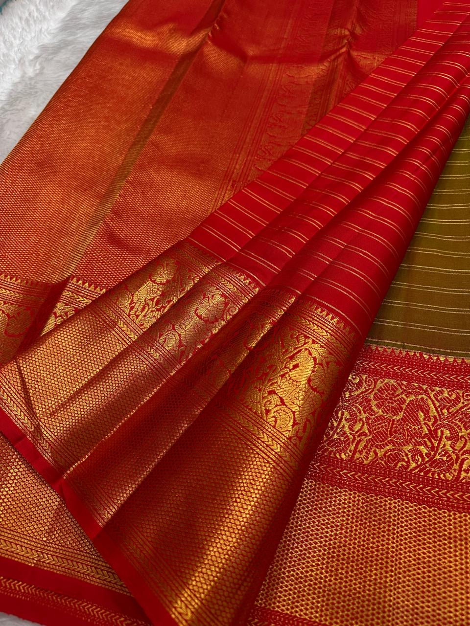 Olive Green pure silk Kanjivaram saree, Zari Kattam weave with Vermilion Gold Zari border — body weave close-up