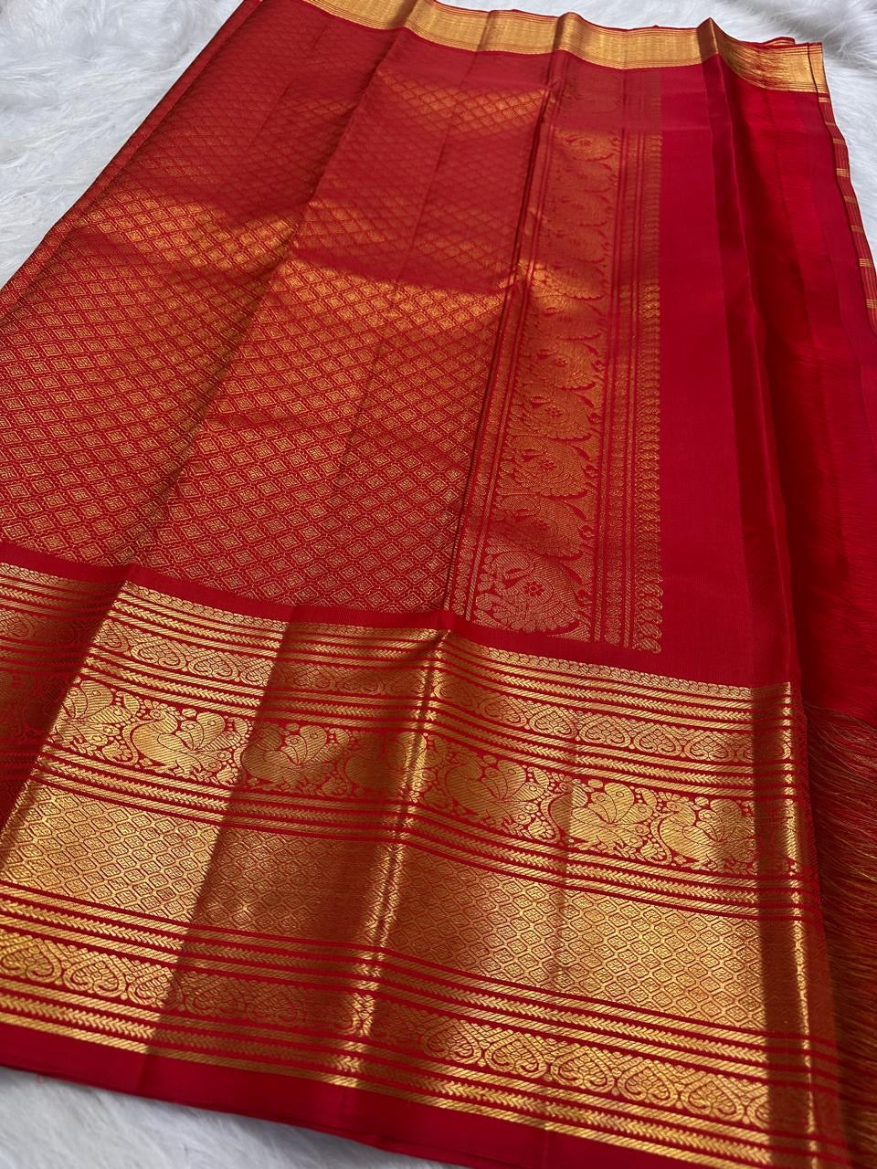 Pillar-Box Red Handwoven Pure Silk Kanjipuram Saree with Varisaipet Weave and Antique Gold Zari Border