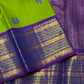 Parrot green handwoven pure silk Kanchipuram varisaipet saree with violet border, view 1