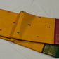 Pure silk Kanchipuram saree in mustard yellow with bottle green and magenta contrast borders, Silk Mark certified, handwoven in Tamil Nadu