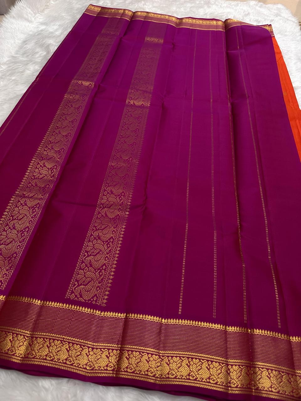 Marigold Orange and Temple Purple Handwoven Lightweight Pure Silk Kanchi Pattu Saree: view 4
