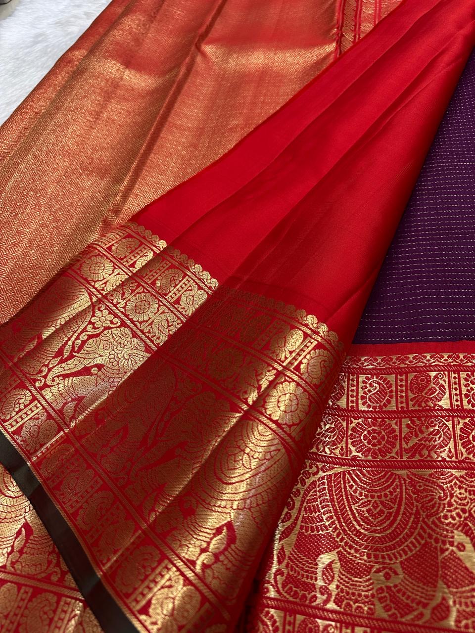 Close view of fine gold zari kattam checks on Deep Aubergine Kanchipuram silk