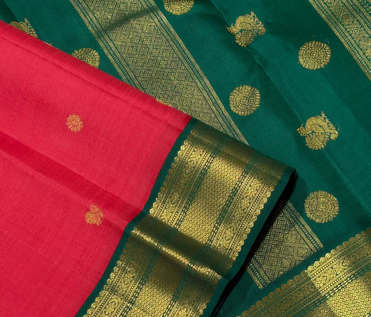 Tomato red handwoven pure silk Kanjeevaram korvai saree with emerald green border, view 1