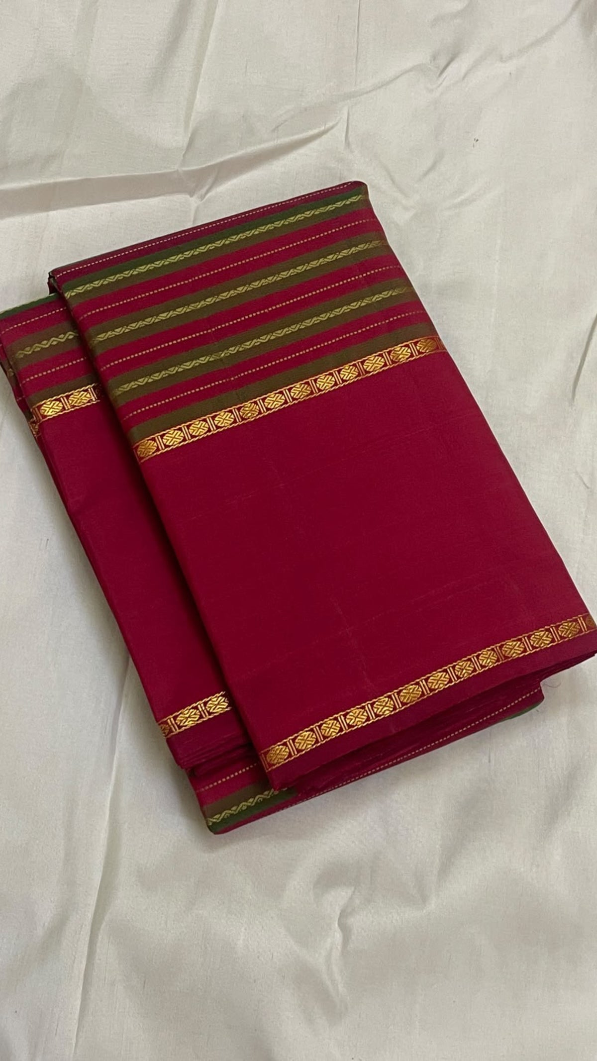 Pure silk vintage striped Kanjivaram saree in olive green and reddish pink with raspberry undertones — Idam Living