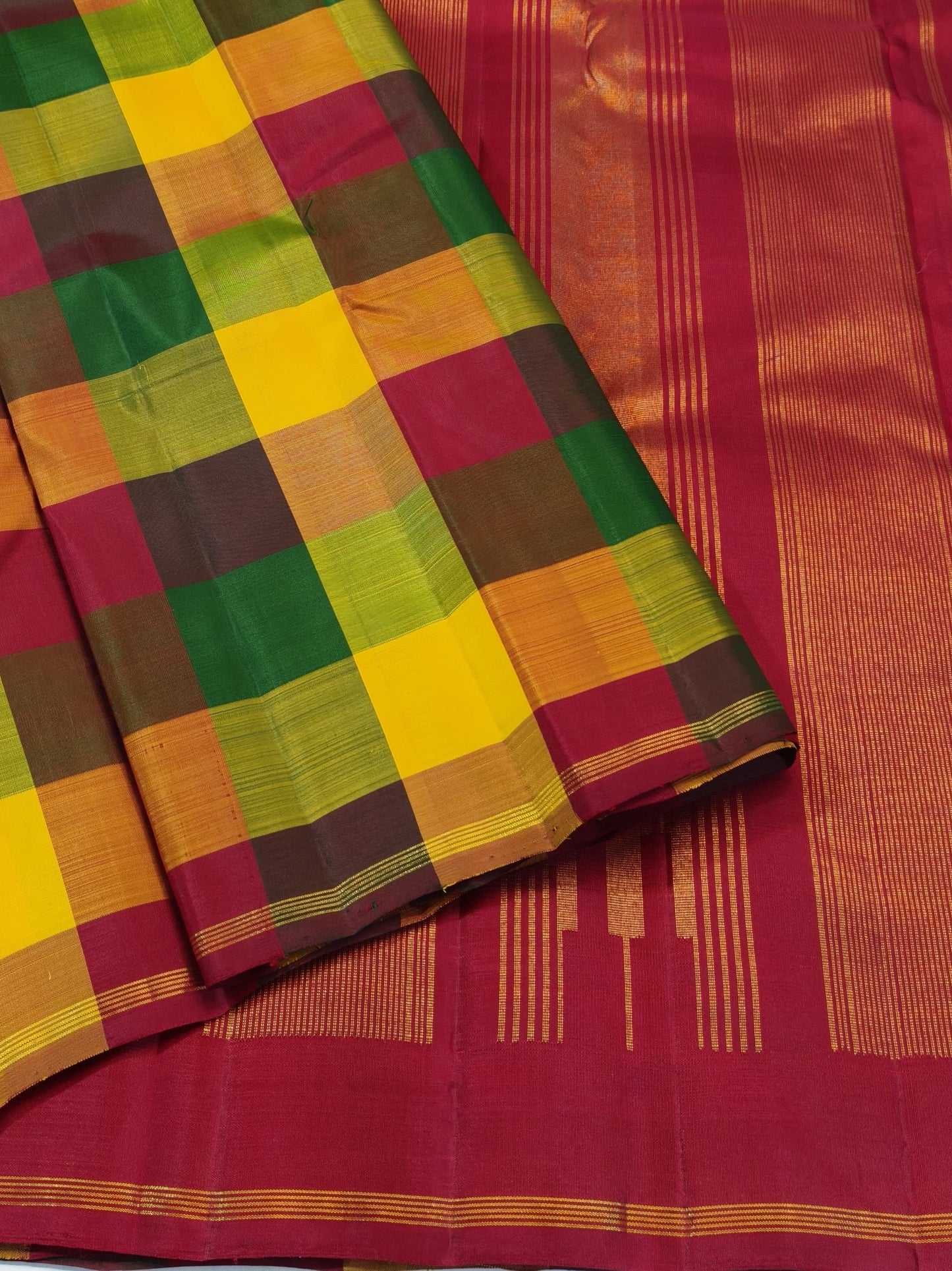 Multicolour Handwoven Pure Silk Kanjivaram Saree with Paalum Pazhamum Checks and Maroon Zari Pallu