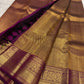 Handwoven Deep Plum Bronze Kanchipuram silk saree, body detail, twin peacock border panels
