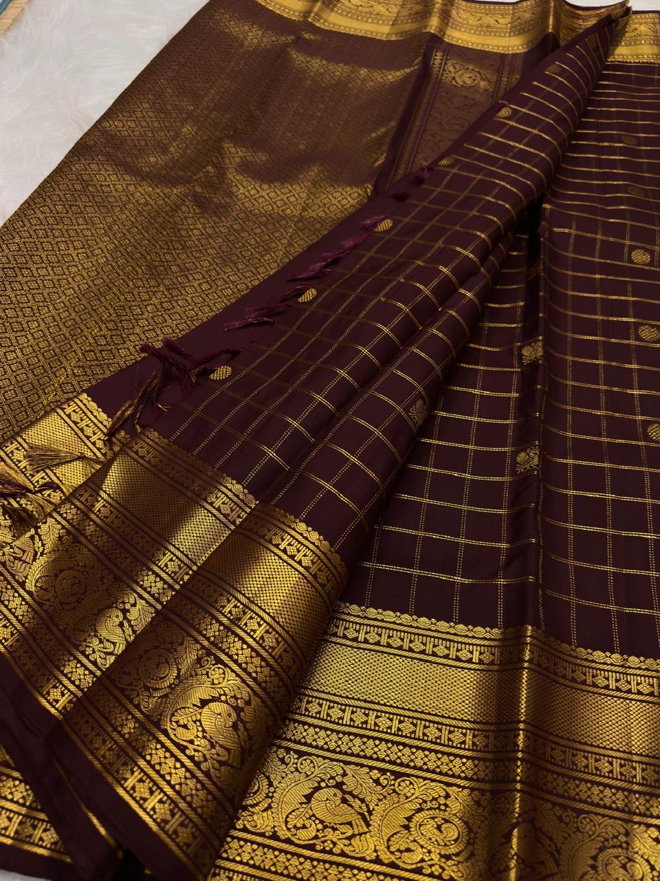 Handwoven Deep Plum Maroon Kanchipuram silk saree, full drape, Zari Kattam checked body