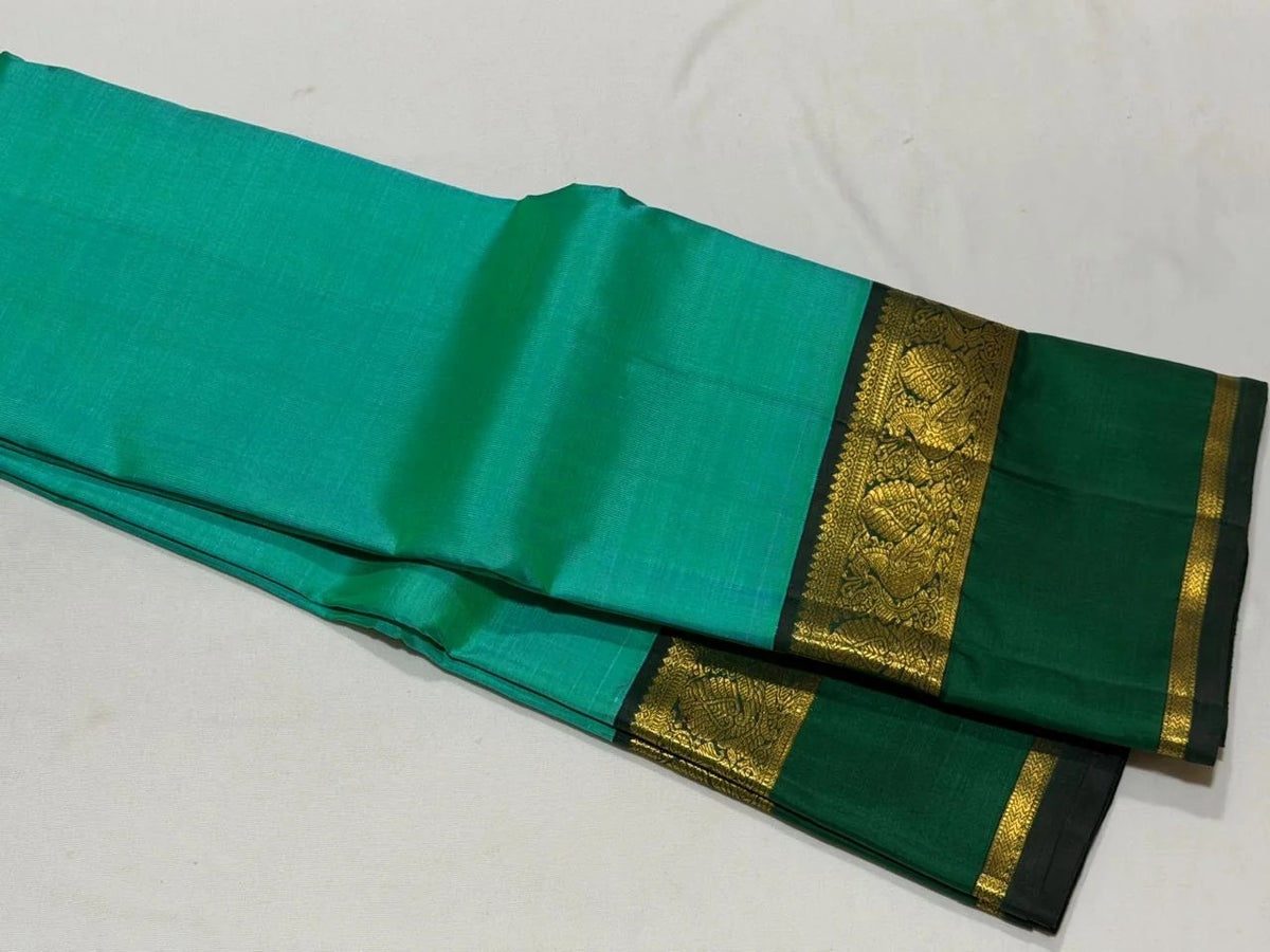 Light Green Handwoven Korvai Kanjivaram Silk Saree with Bottle Green Border