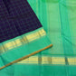 Full spread navy checked Pure Kanchipuram silk saree with sea green panels and gold zari woven border, shipped from New Jersey USA