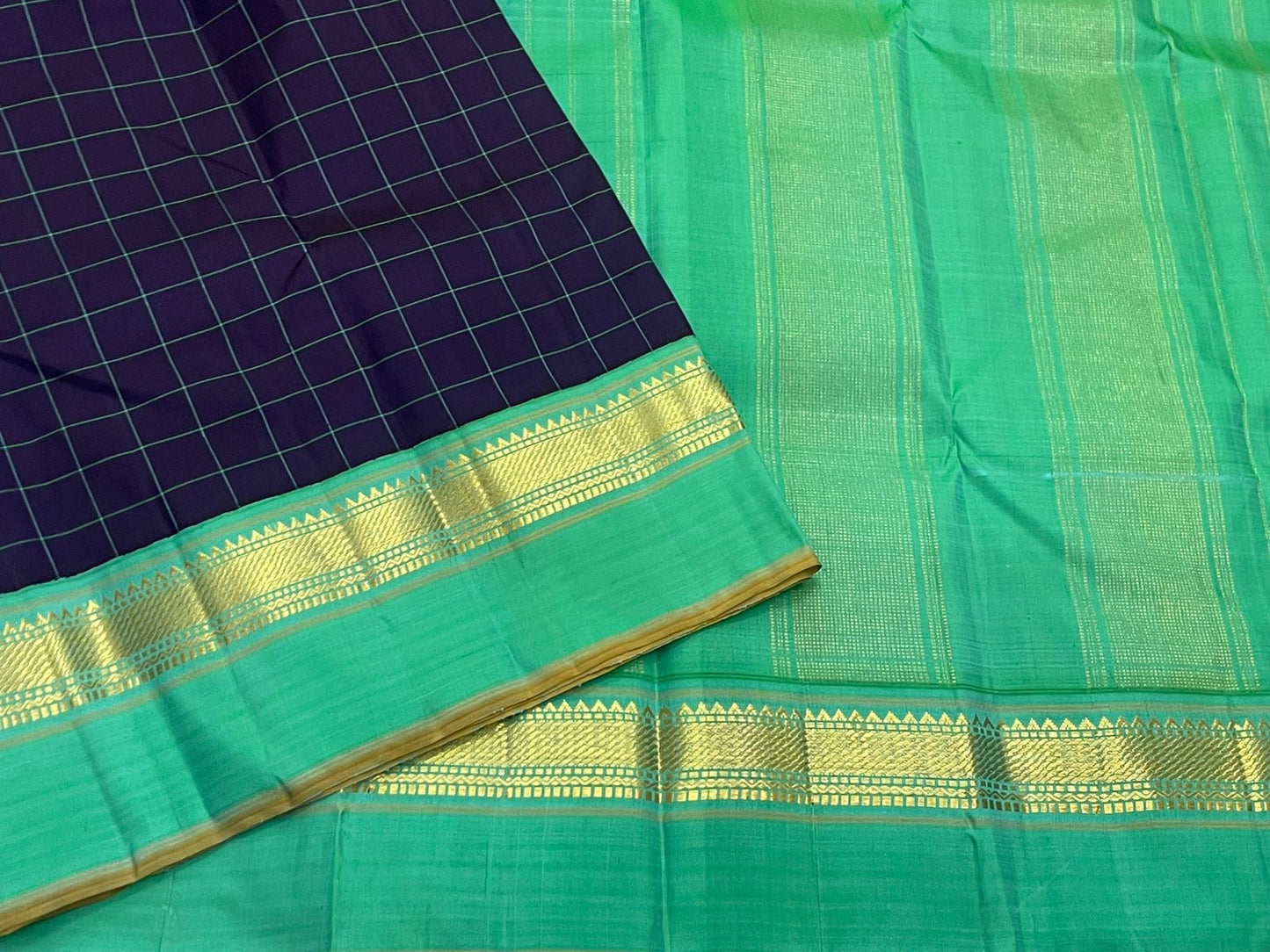 Full spread navy checked Pure Kanchipuram silk saree with sea green panels and gold zari woven border, shipped from New Jersey USA