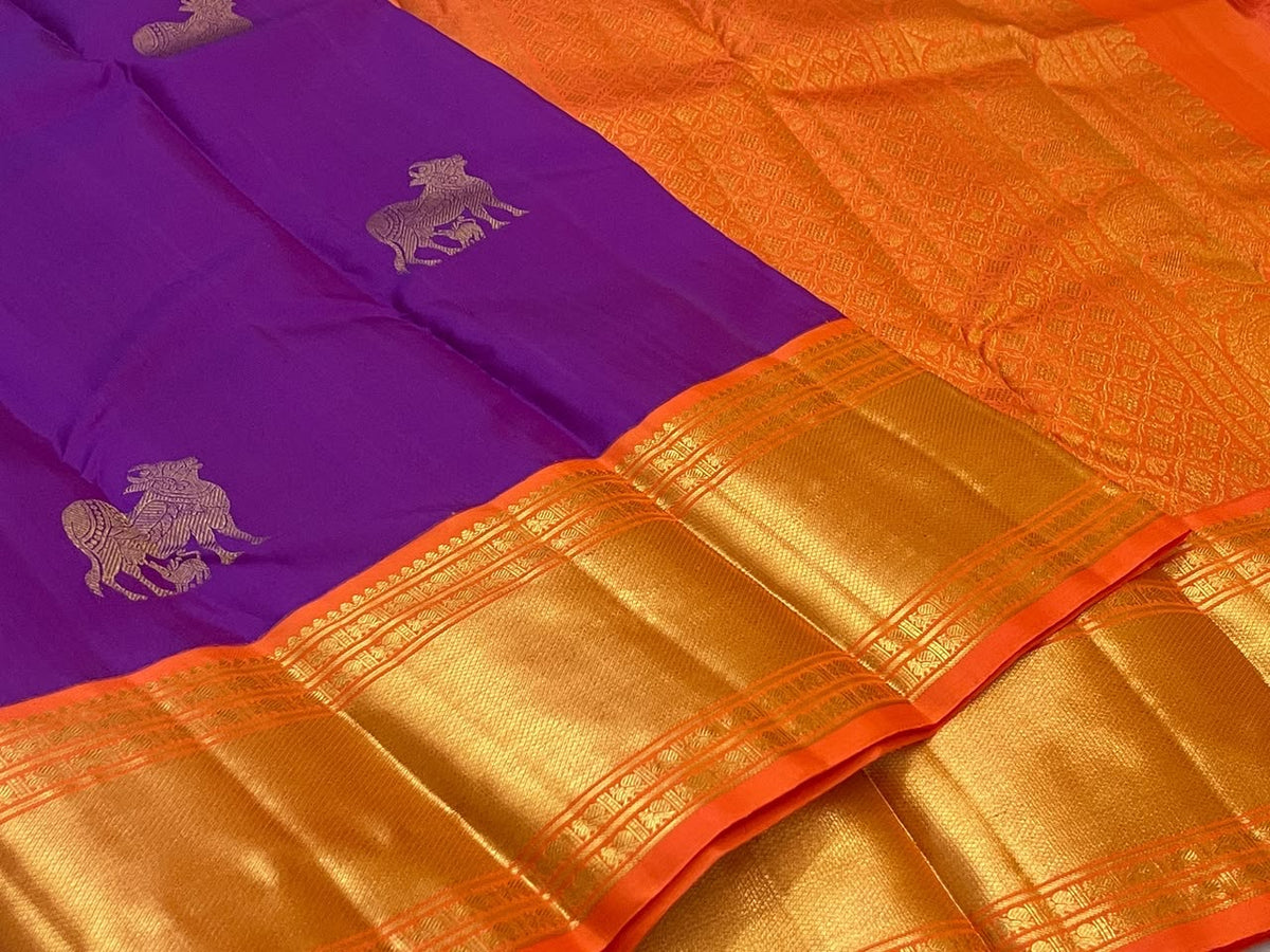 Vivid Violet Handwoven Pure Silk Kanchipuram Butta Saree with Pasu-Kanru Gold Zari and Orange Border