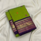 Parrot Green Pure Silk Kanchipuram saree with colourful silk-thread buttas, Deep Purple border and intricate gold Mayil motifs.