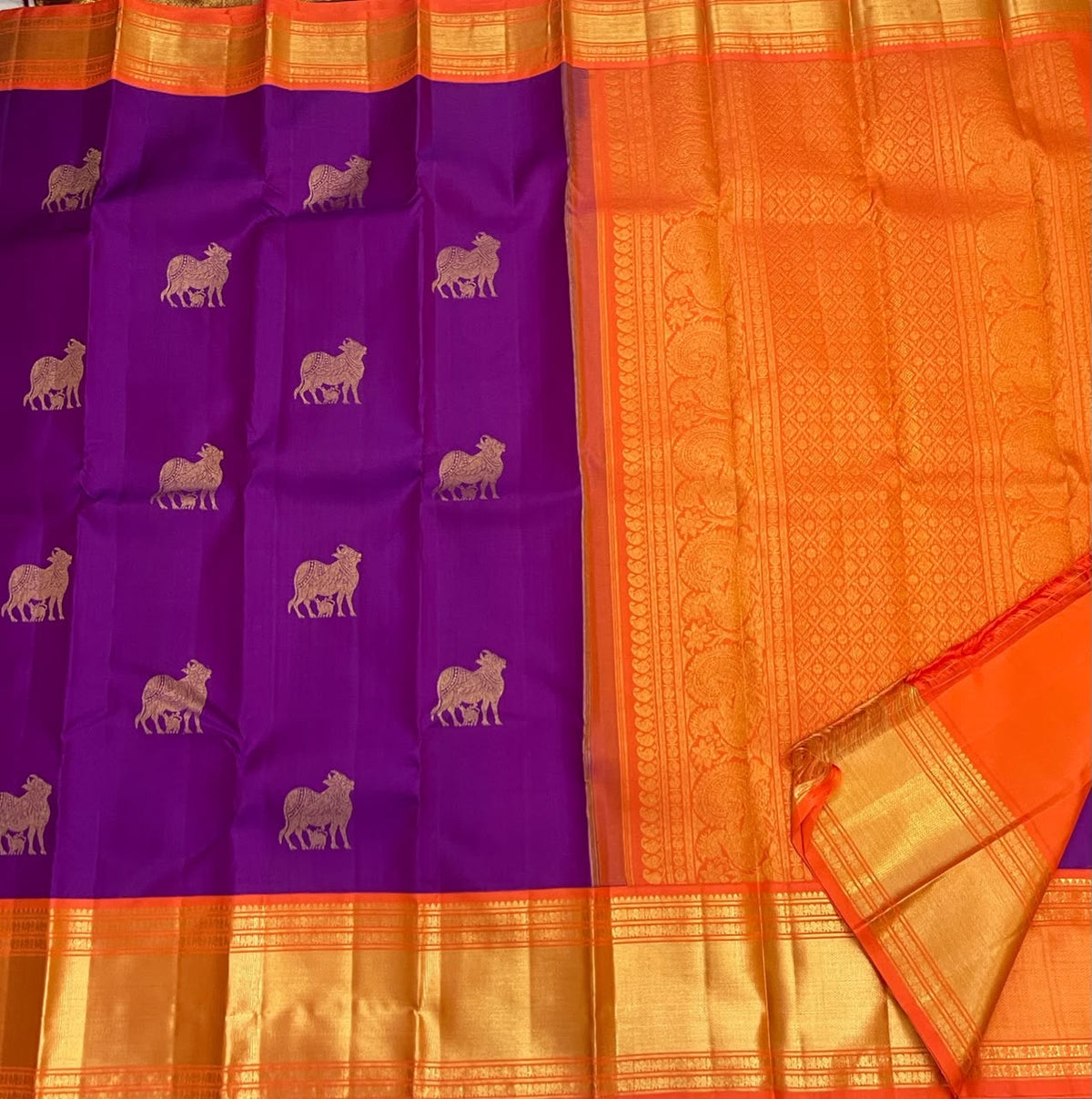 Vivid Violet Handwoven Pure Silk Kanchipuram Butta Saree with Pasu-Kanru Gold Zari and Orange Border