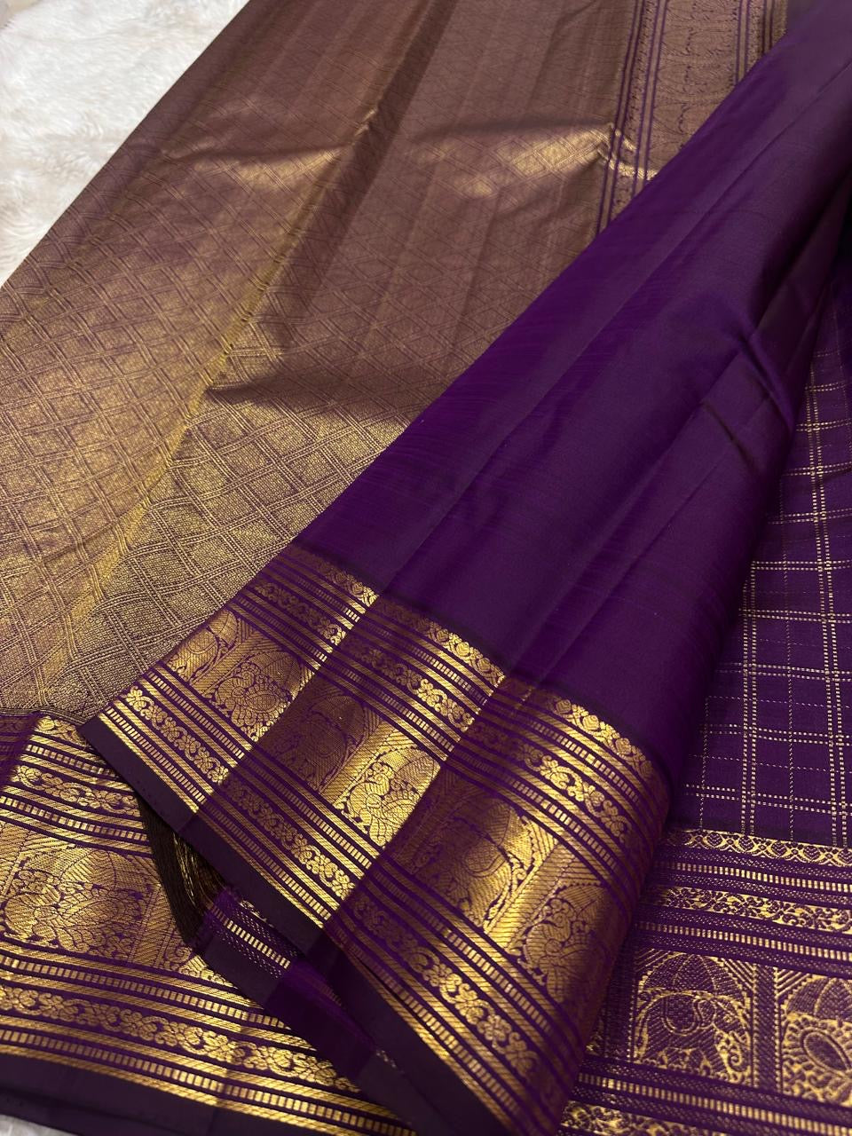 Purple handwoven Kanchipuram Zari Kattam saree, Idam Living