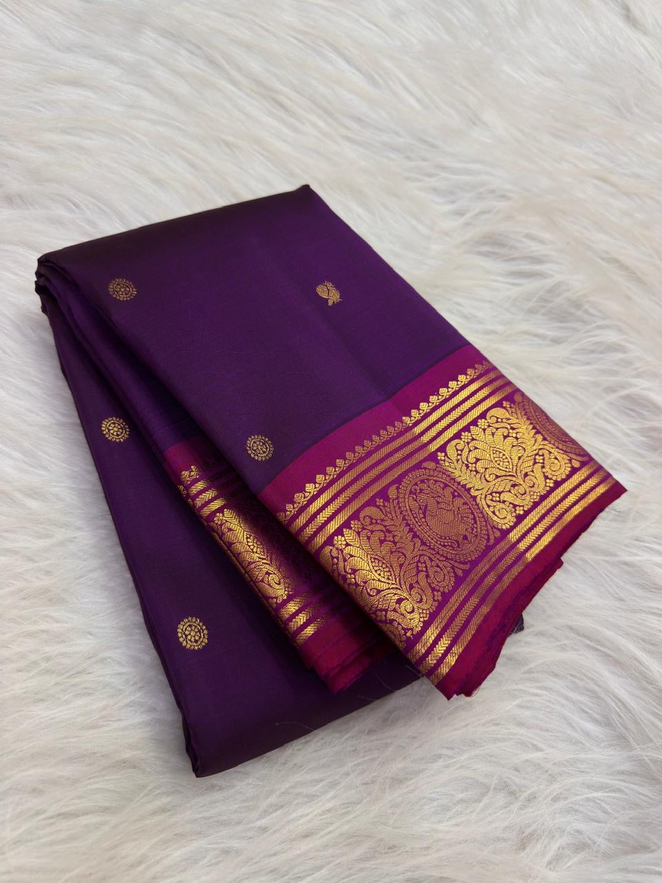 Royal purple handwoven pure silk Butta Kanjipuram saree — full saree overview — Idam Living