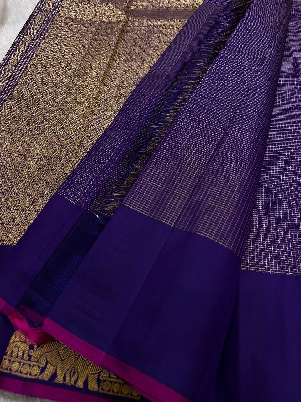 Royal Purple Handwoven Pure Silk KanchiPattu Saree with Zari Kattam Sri Lakshmi Motif Border