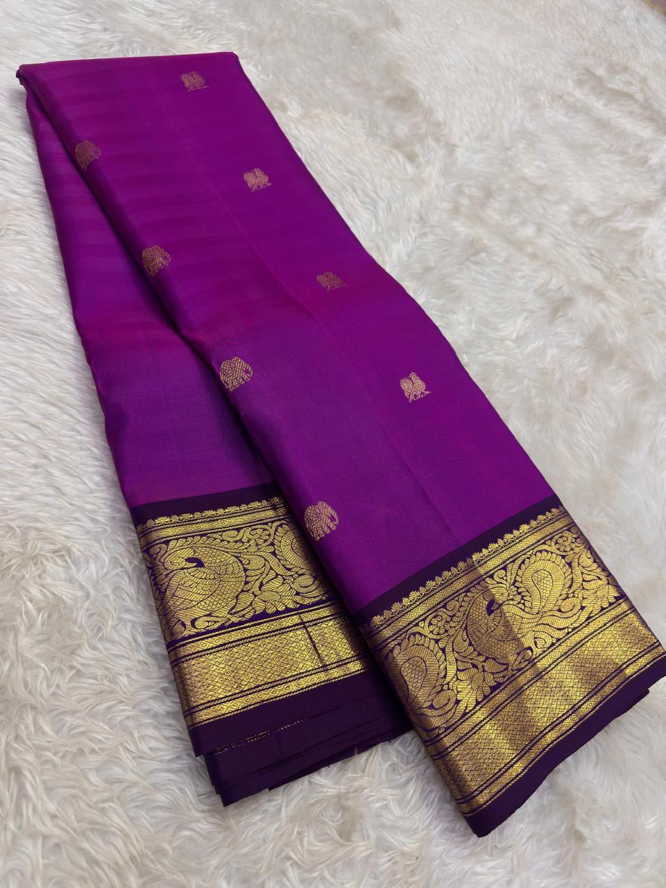 Royal orchid purple Kanjeevaram silk saree with ornate pallu view – Idam Living