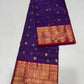 Close view of Royal Purple Katan Silk Chanderi showing small gold buttas and intricately patterned gold woven border.