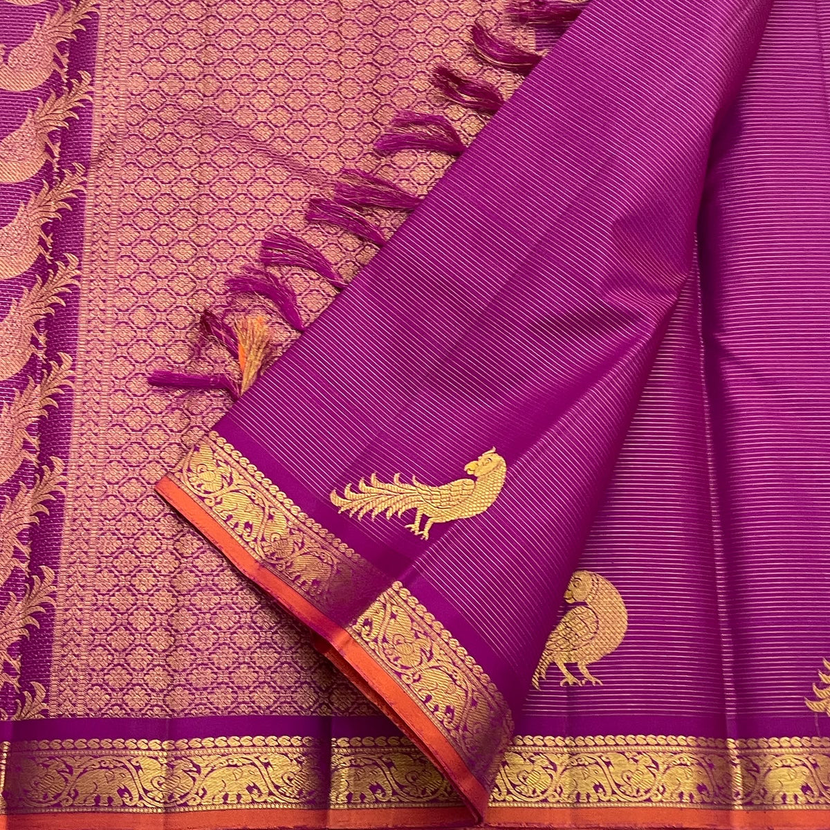 Deep Violet Handwoven Pure Silk Kanjivaram Vairaoosi Saree with Peacock Motif