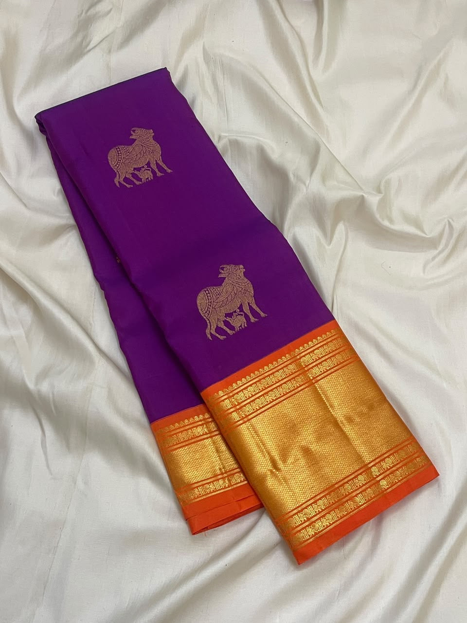 Vivid Violet Handwoven Pure Silk Kanchipuram Butta Saree with Pasu-Kanru Gold Zari and Orange Border