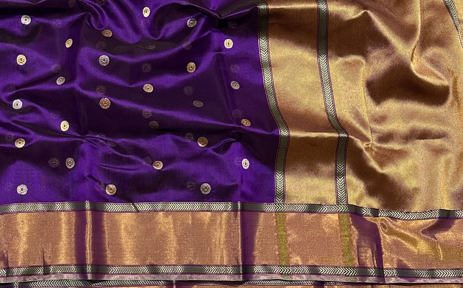 Purple Pattu Silk Chanderi saree with meenakari butti and nakshi gold border — Idam Living
