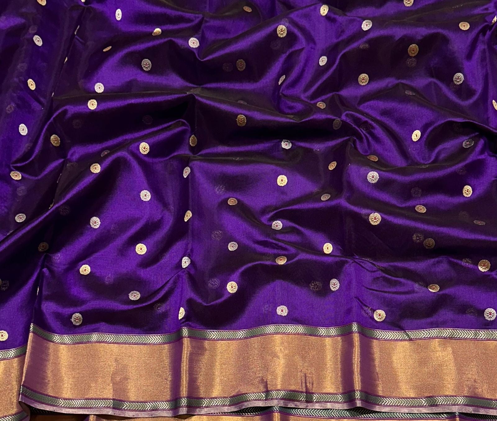 Purple Chanderi silk body close-up showing meenakari eknaal butti