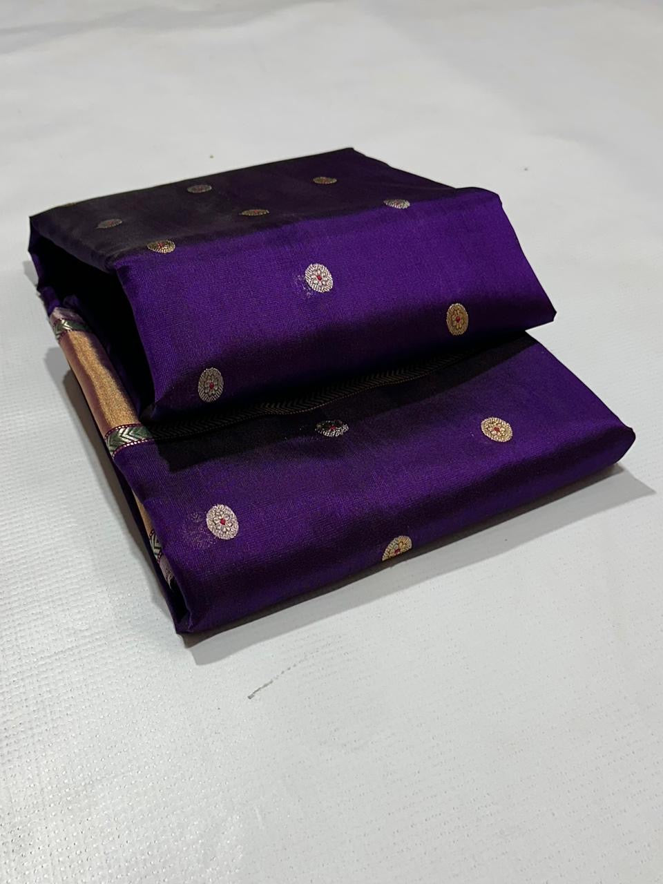 Handwoven purple Pattu Silk Chanderi saree, full drape