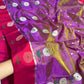 Folded Orchid Purple Pattu Silk Chanderi saree with petite silver floral buttas and Raspberry Pink accents