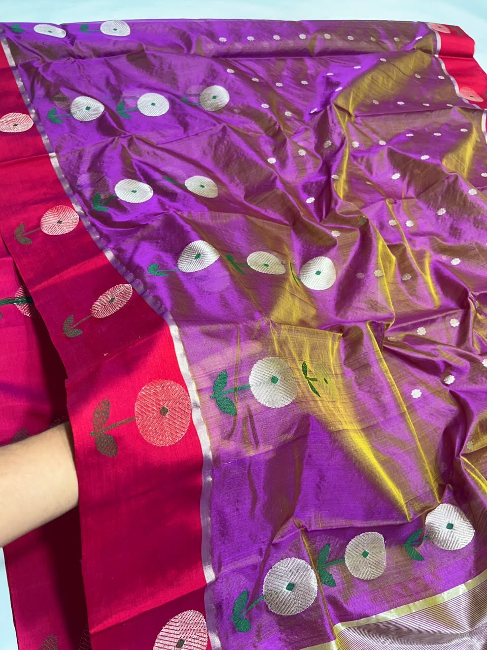 Folded Orchid Purple Pattu Silk Chanderi saree with petite silver floral buttas and Raspberry Pink accents
