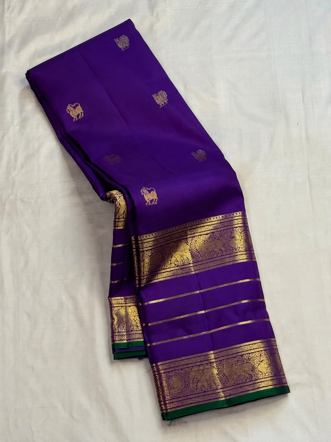 Royal Purple Pure Silk Kancheepuram saree with Mayil and Yazhi motifs - Idam Living