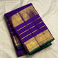 Royal Purple Handwoven Pure Silk Kanjeevaram Varisaipet Saree with Green Selvedge and Gold Zari