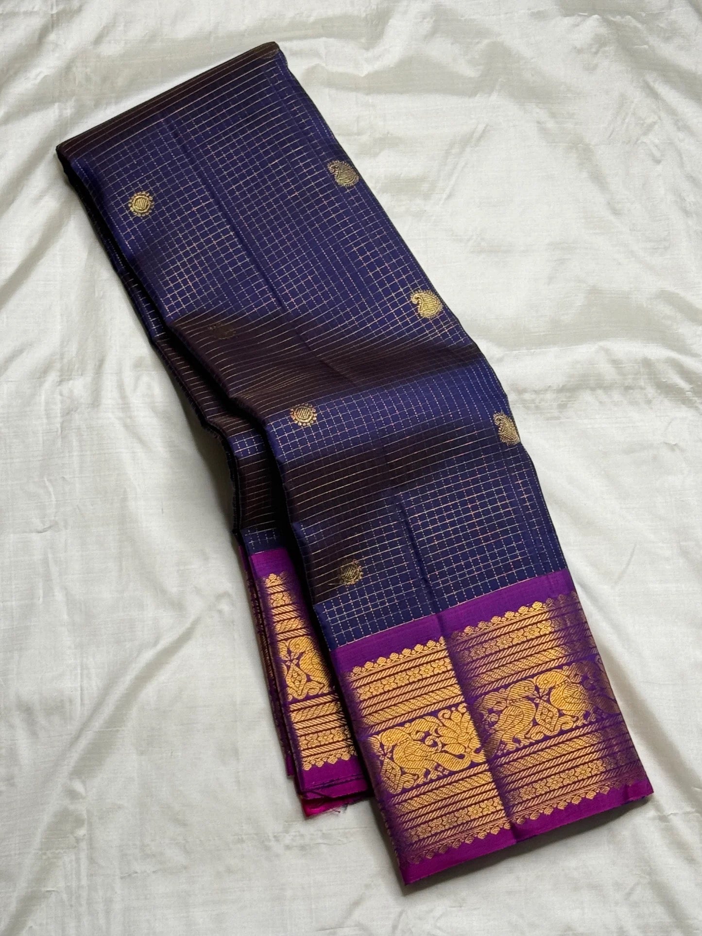Royal Blue and Magenta Rettapet Kanchipuram Silk Saree with Kamalam and Mayil Butta