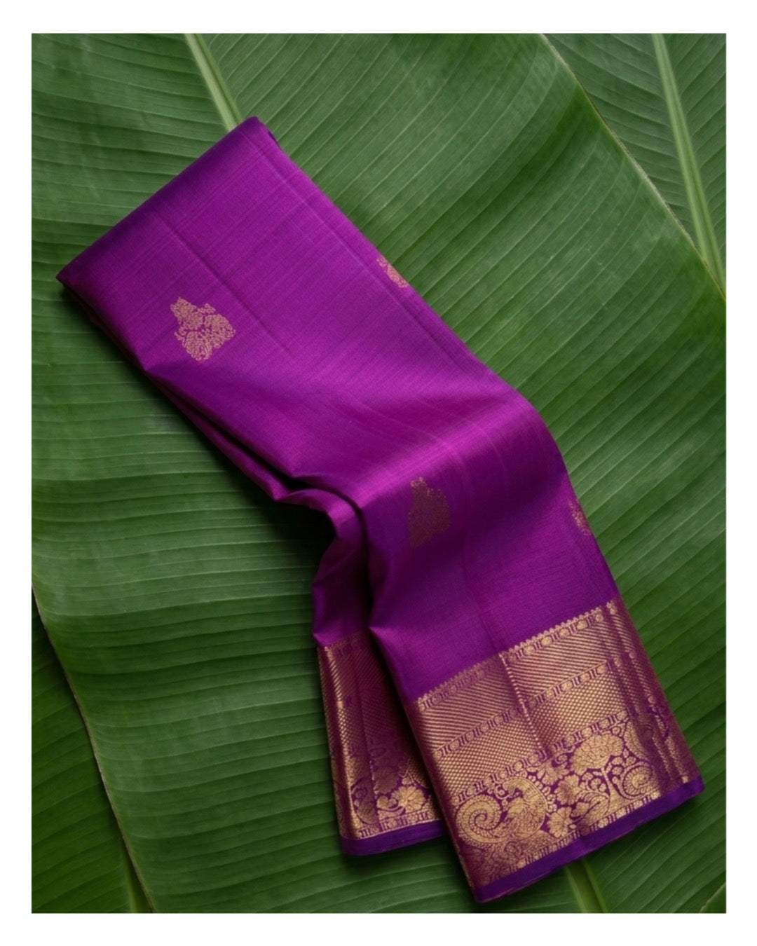 Purple handwoven Kanchipuram pure silk saree with vairaoosi weave and gold zari mayil butta on banana leaf — Idam Living