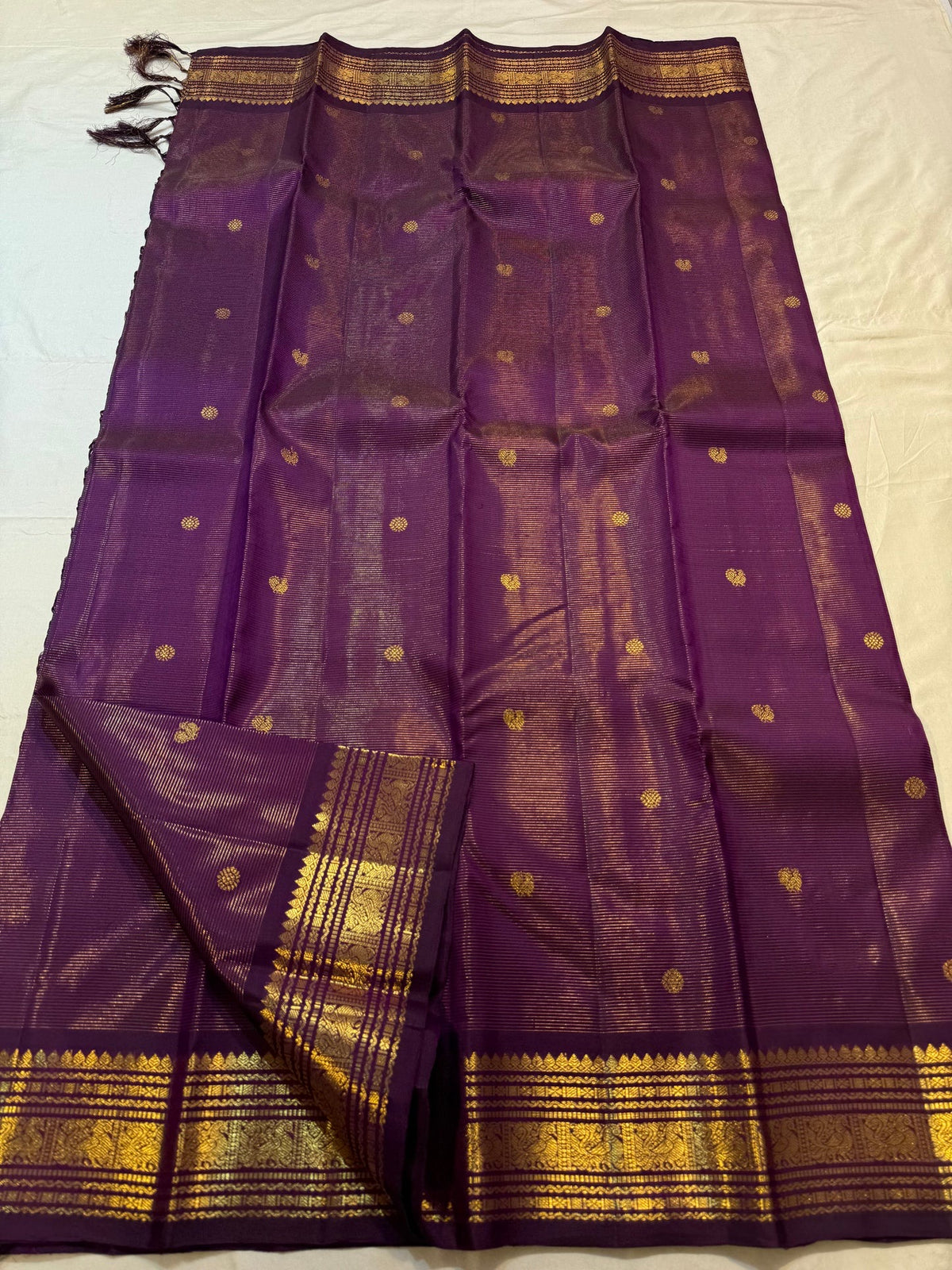 Kathiripoo purple Vairaoosi Kanchipuram silk saree draped, showing the fine zari-lined body
