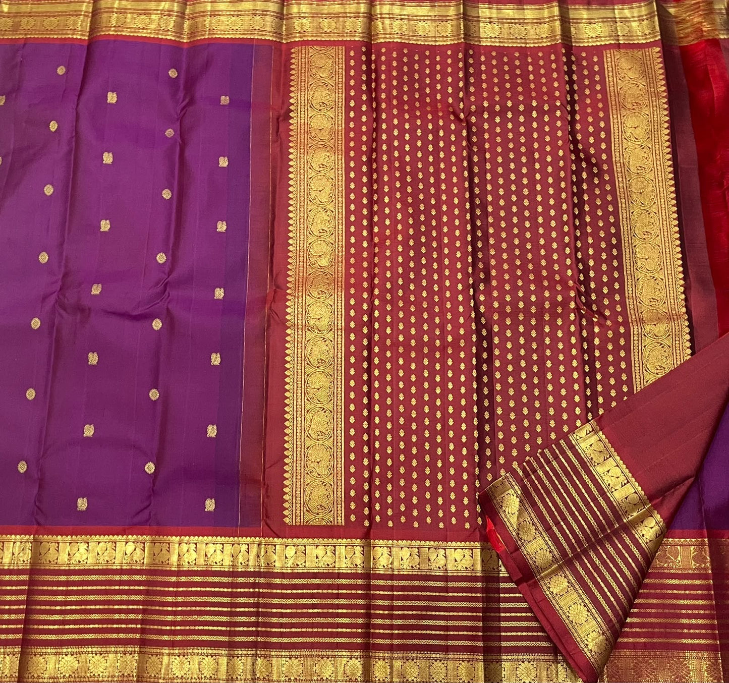 Purple Handwoven Pure Silk Kanchipuram Saree with Maroon Varisaipet Border