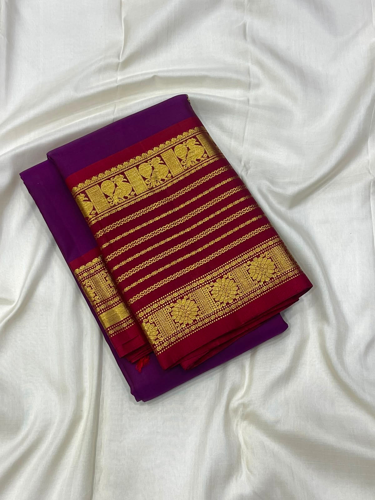 Purple Handwoven Pure Silk Kanchipuram Saree with Maroon Varisaipet Border