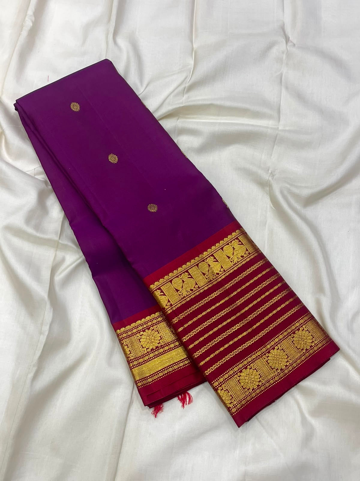 Purple Handwoven Pure Silk Kanchipuram Saree with Maroon Varisaipet Border