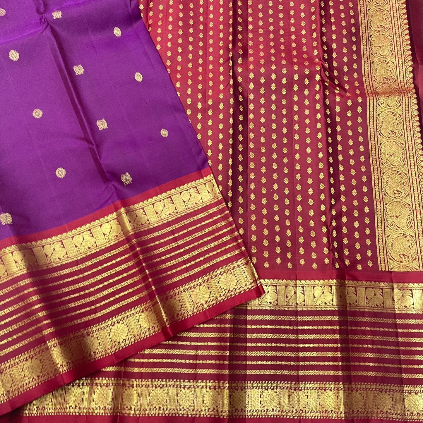 Purple Handwoven Pure Silk Kanchipuram Saree with Maroon Varisaipet Border