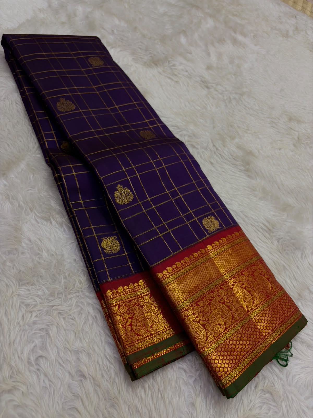 Vintage Aubergine Handwoven Pure Silk KanchiPattu Saree with Zari Kattam and Arakku Red Korvai Mayil Border