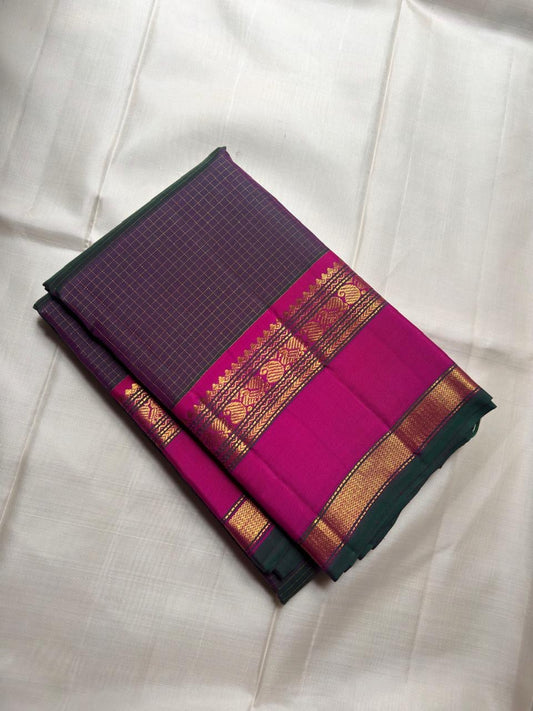 Aubergine Zari Kattam pure silk Kanchi Pattu saree with magenta Rettapet border — full saree overview — Idam Living