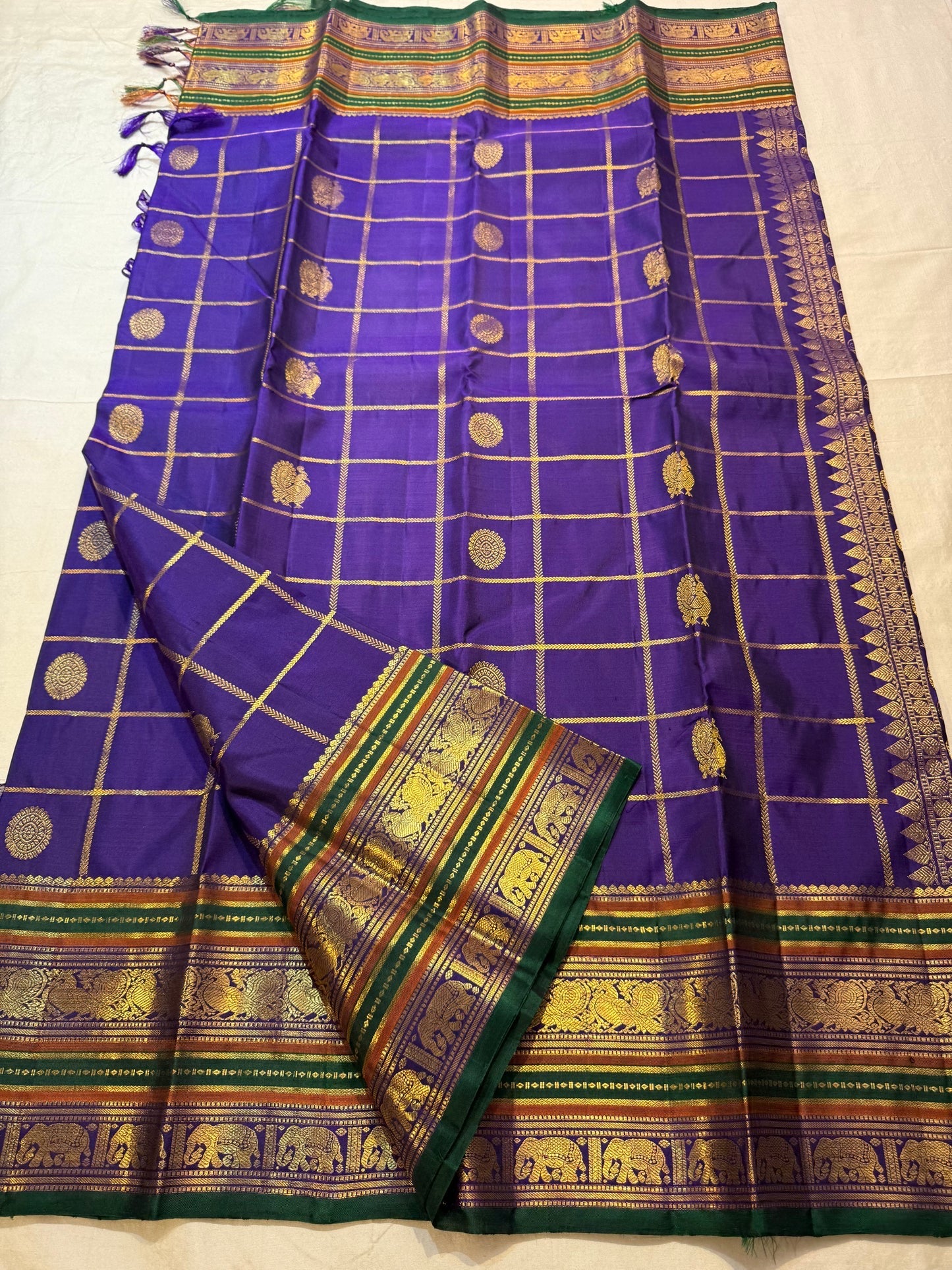 Royal Purple pure silk Kanchipuram saree — zari kattam, full drape