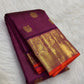 Purple Handwoven Pure Silk Kanchipuram Saree with Gold Zari Kattam Peacock Motifs