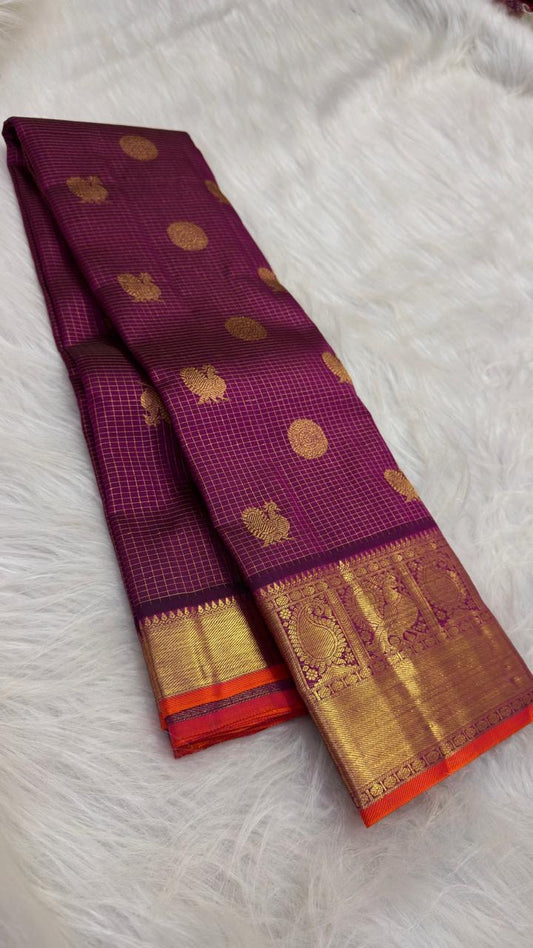 Purple Handwoven Pure Silk Kanchipuram Saree with Gold Zari Kattam Peacock Motifs