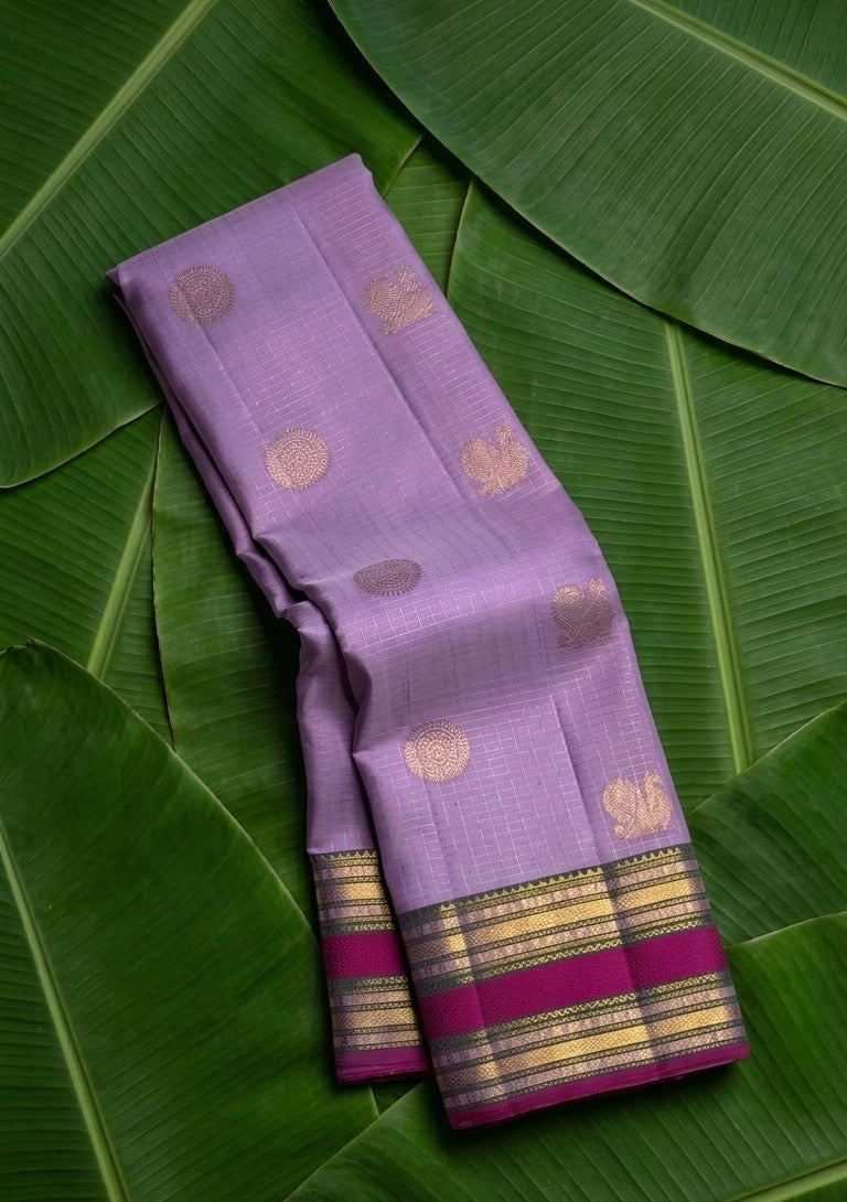 Radiant lavender handwoven Kanchipuram pure silk saree with zari kattam body and silk thread mayil chakram butta — Idam Living