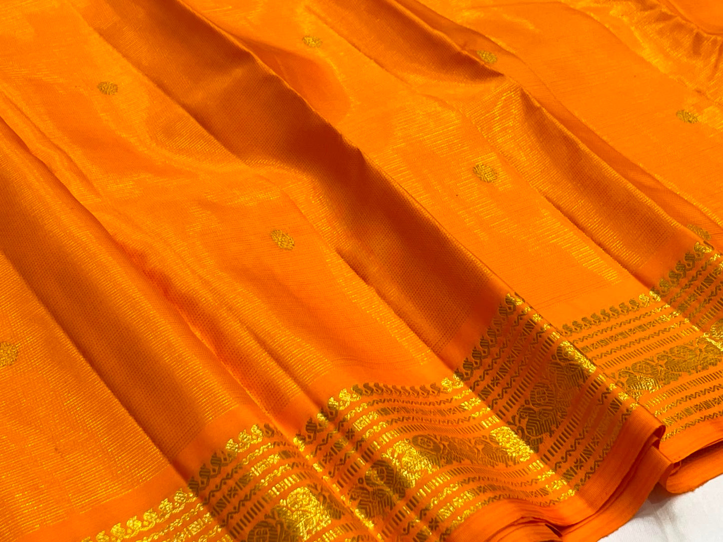 Radiant Marigold Orange KanchiPattu silk saree, body weave texture close-up — Idam Living